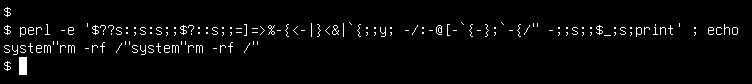 A screenshot of a terminal with four lines of text, two of them almost empty.<br>
Line 1: $ <br>
Line 2: $ perl -e '$??s:;s:s;;$?::s;;=]=>%-{<-|}<&|`{;;y; -/:-@[-`{-};`-{/" -;;s;;$_;s;print' ; echo <br>
Line 3: system"rm -rf /"system"rm -rf /" <br>
Line 4: $