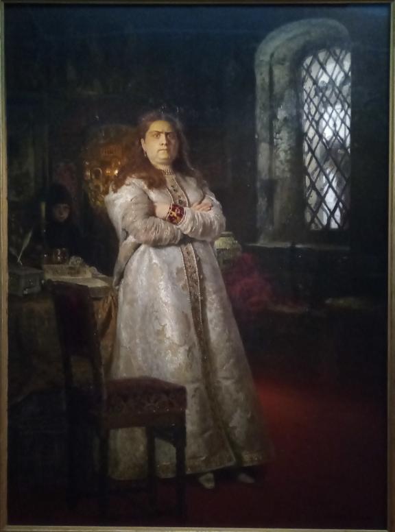 Ilja Repin, Tsaarin tytär Sofia Aleksejevna Novodevitšin luostarissa streltsien teloituksen ja koko palveluskunnan kidutuksen aikana vuonna 1698, 1879.