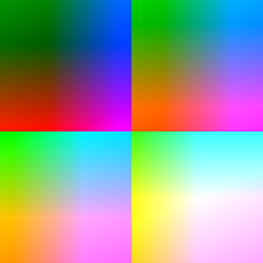Neljä värillistä neliötä. Jokaisessa vasemmassa yläkulmassa on vihreä, oikeassa yläkulmassa sinertävä väri, vasemmassa alakulmassa punainen tai keltainen, oikeassa magenta tai pinkki.